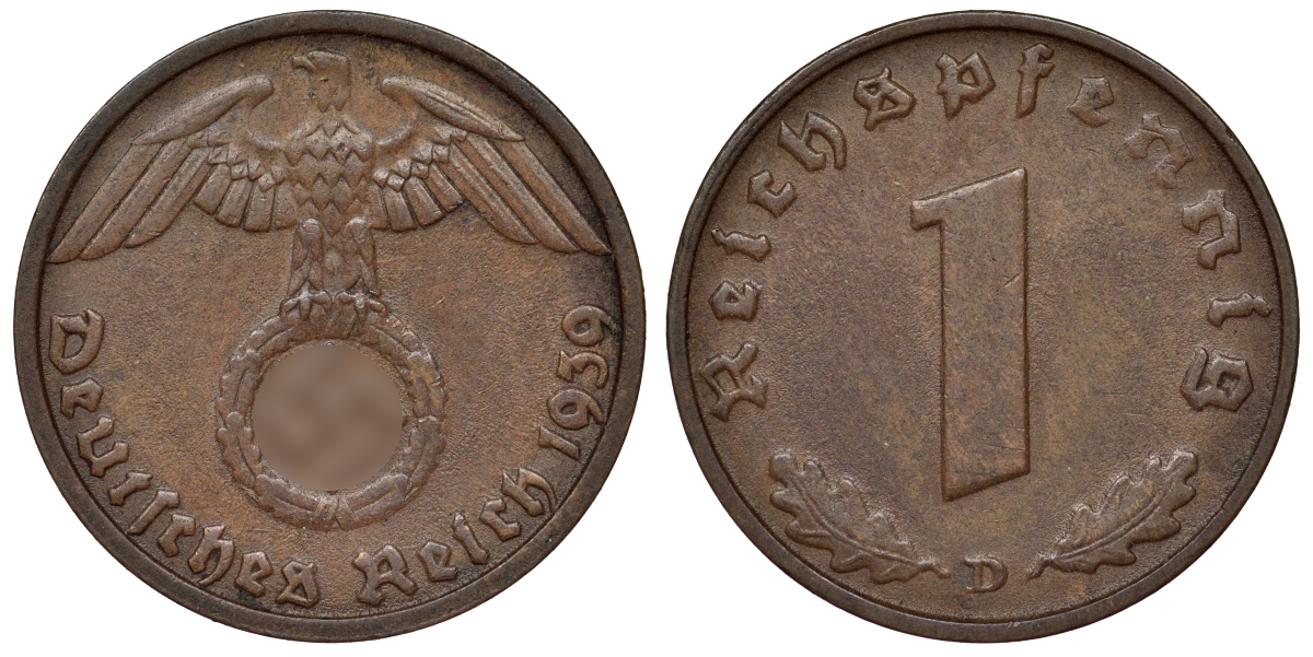 Германия 1 рейхспфенниг 1939 D KM 89, J. 361 бронза 4124-157
