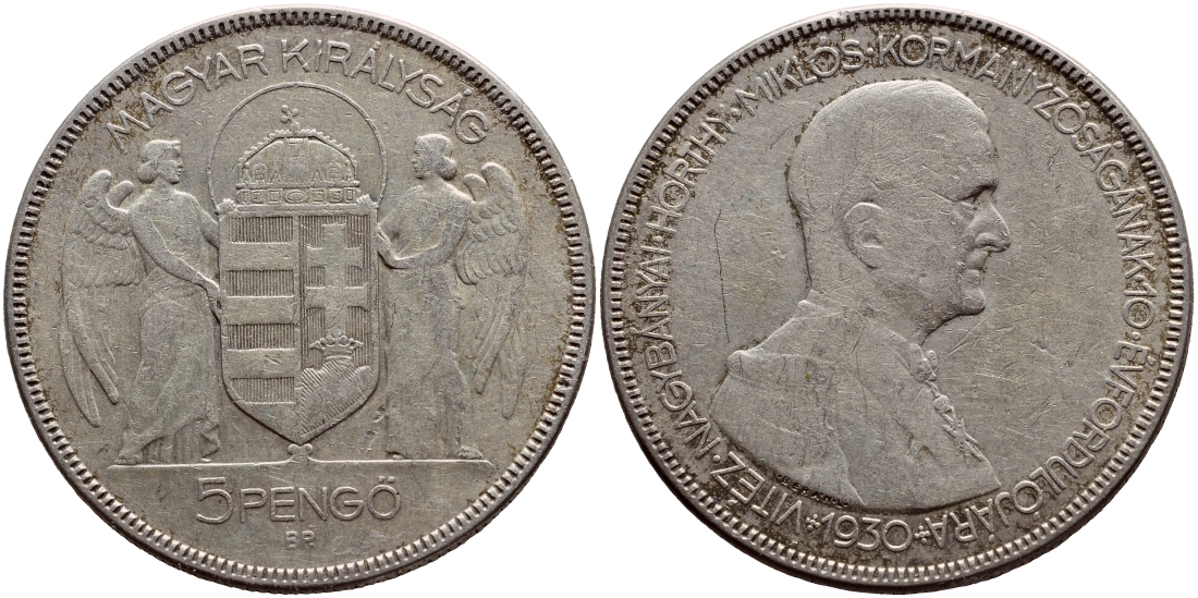 Венгрия 5 пенге 1930 ВР, 10 лет правления адмирала Хорти KM 512.1 серебро 633-812