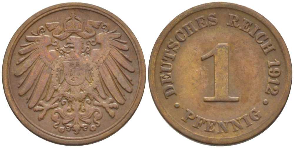 ГЕРМАНИЯ 1 ПФЕННИГ 1912 G KM 10, J. 10, Weege 2 медь 206-414