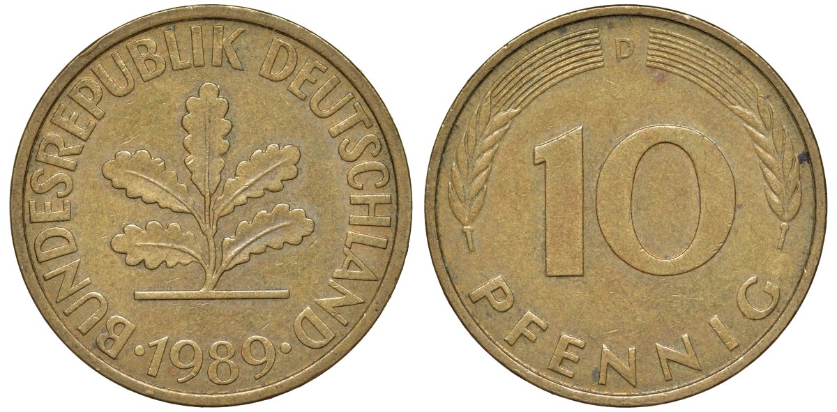 ФРГ 10 пфеннигов 1989 D KM 108, J. 383 сталь плакированная латунью 4132-557