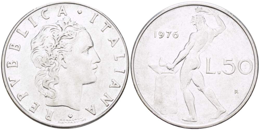 ИТАЛИЯ 50 ЛИР 1976 R, КУЗНЕЦ KM 95.1 нержавеющая сталь 4523-655