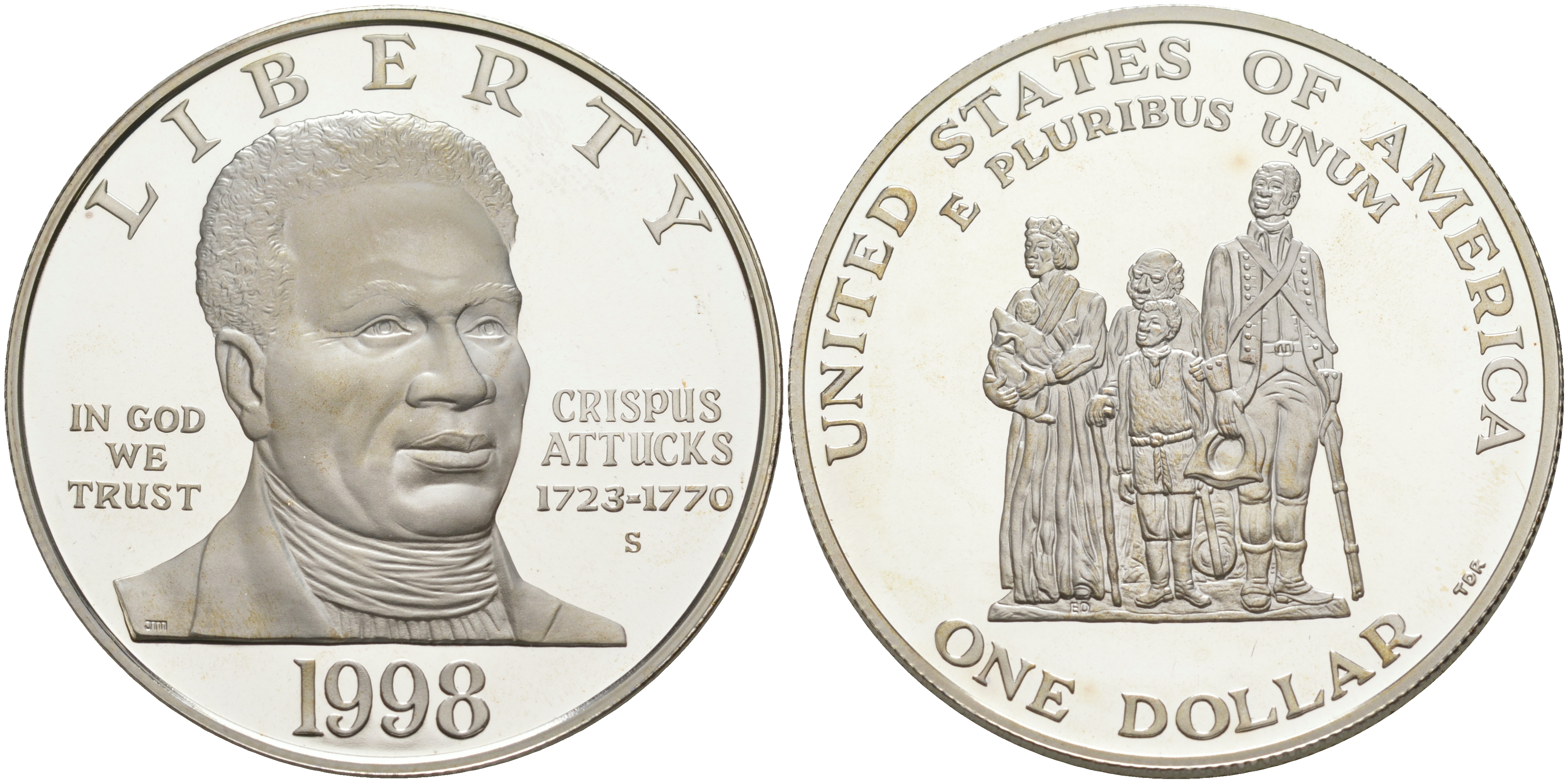 США 1 доллар 1998 S, черные патриоты, Криспус Аттюк, Бостонская резня KM 288 серебро PROOF 00-00