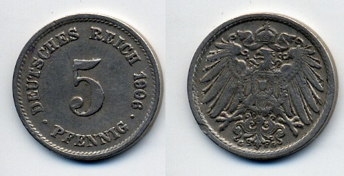 ГЕРМАНИЯ 5 ПФЕННИГОВ 1906 G, KM 11, J. 12 медно-никель 76-114