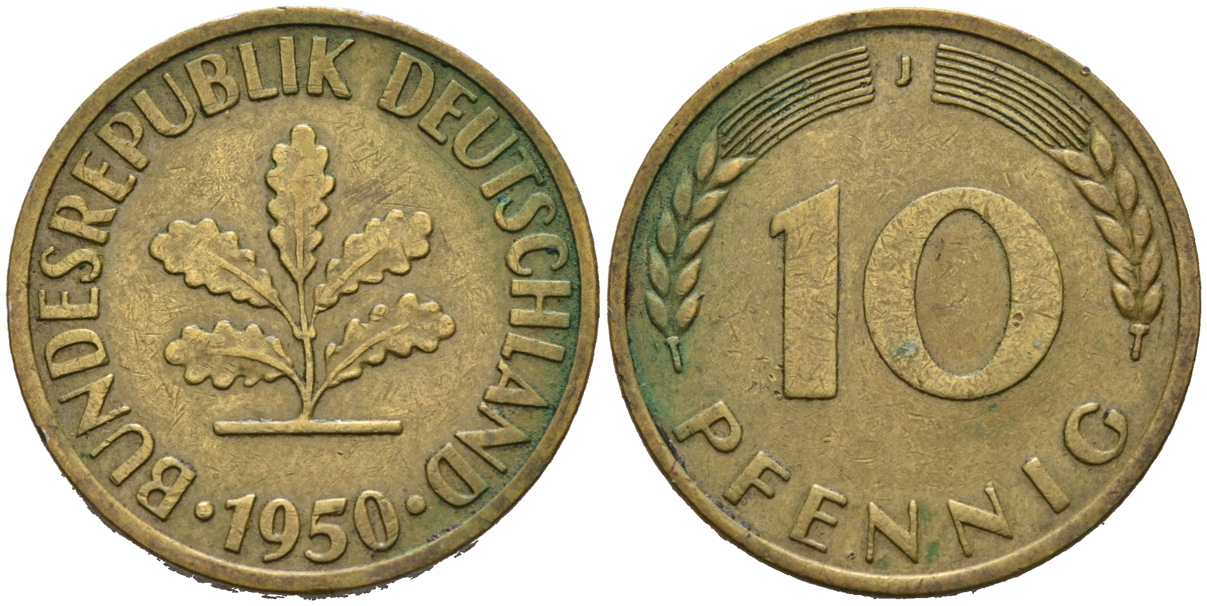 ФРГ 10 ПФЕННИГОВ 1950 J KM 108, J.383 сталь плакированная латунью 75-614