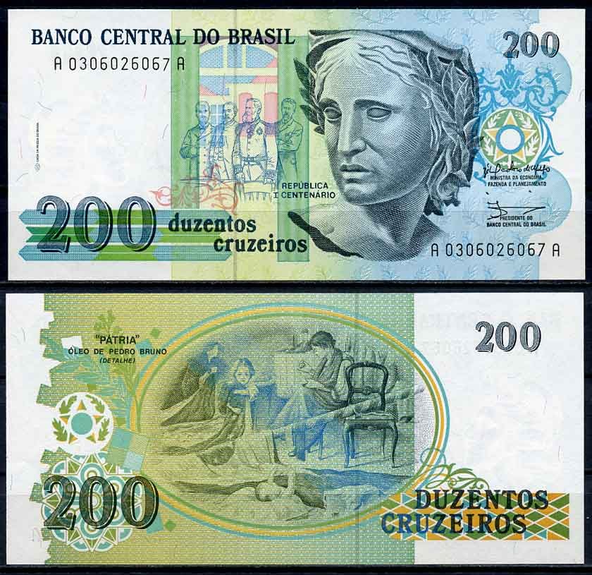 Бразилия 200 новых крузадо 1989 серия A 0306, скульптура Республики Pick 229 бумага UNC (пресс) 2196-36-1-2