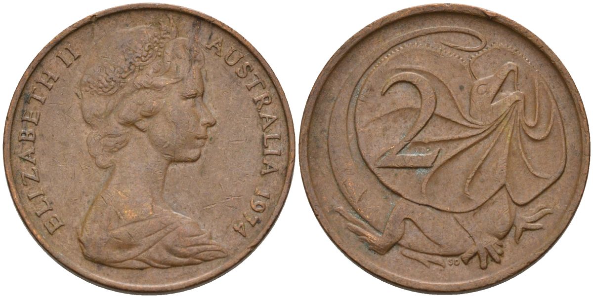 Австралия 2 цента 1974 Елизавета II (1952-) молодой портрет, плащеносная ящерица KM 63 бронза    4155-111
