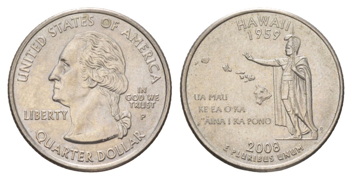 США 25 центов (квотер, 1/4 доллара) 2008 P, Квотер штата Гавайи KM 425 медь плакированный медно-никелем UNC 4629-212
