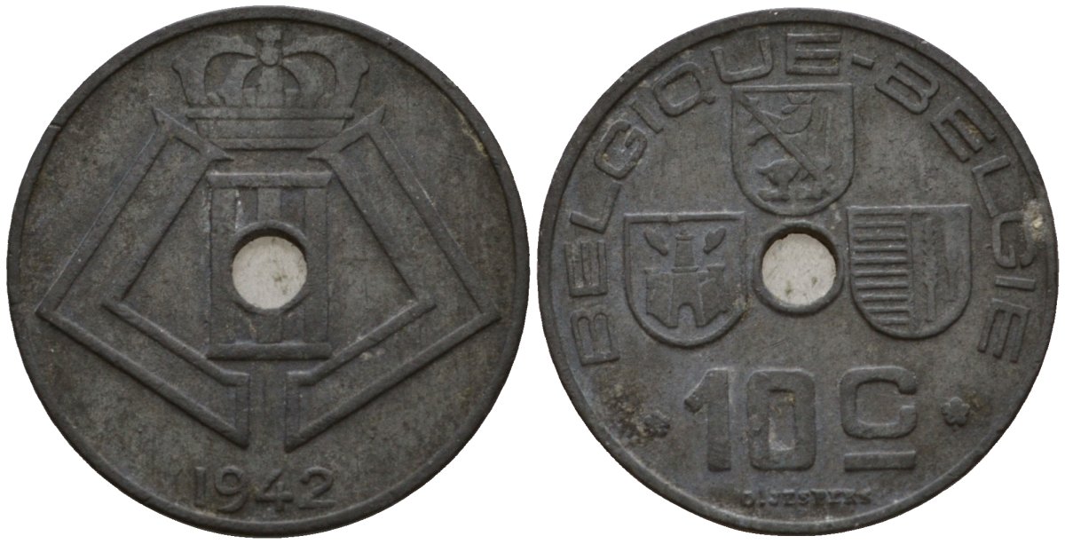 Бельгия 10 сантимов 1942 Belgique - Belgie, Леопольд III (1934-1947), германская оккупация, Вторая мировая война KM 125 цинк 44-1165