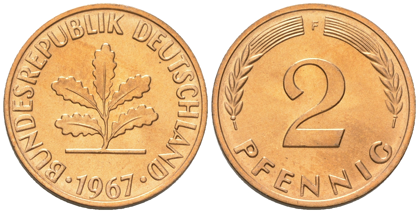 ФРГ 2 пфеннига 1967 F, из ролла J 381, KM 106 бронза  aUNC  M54-12