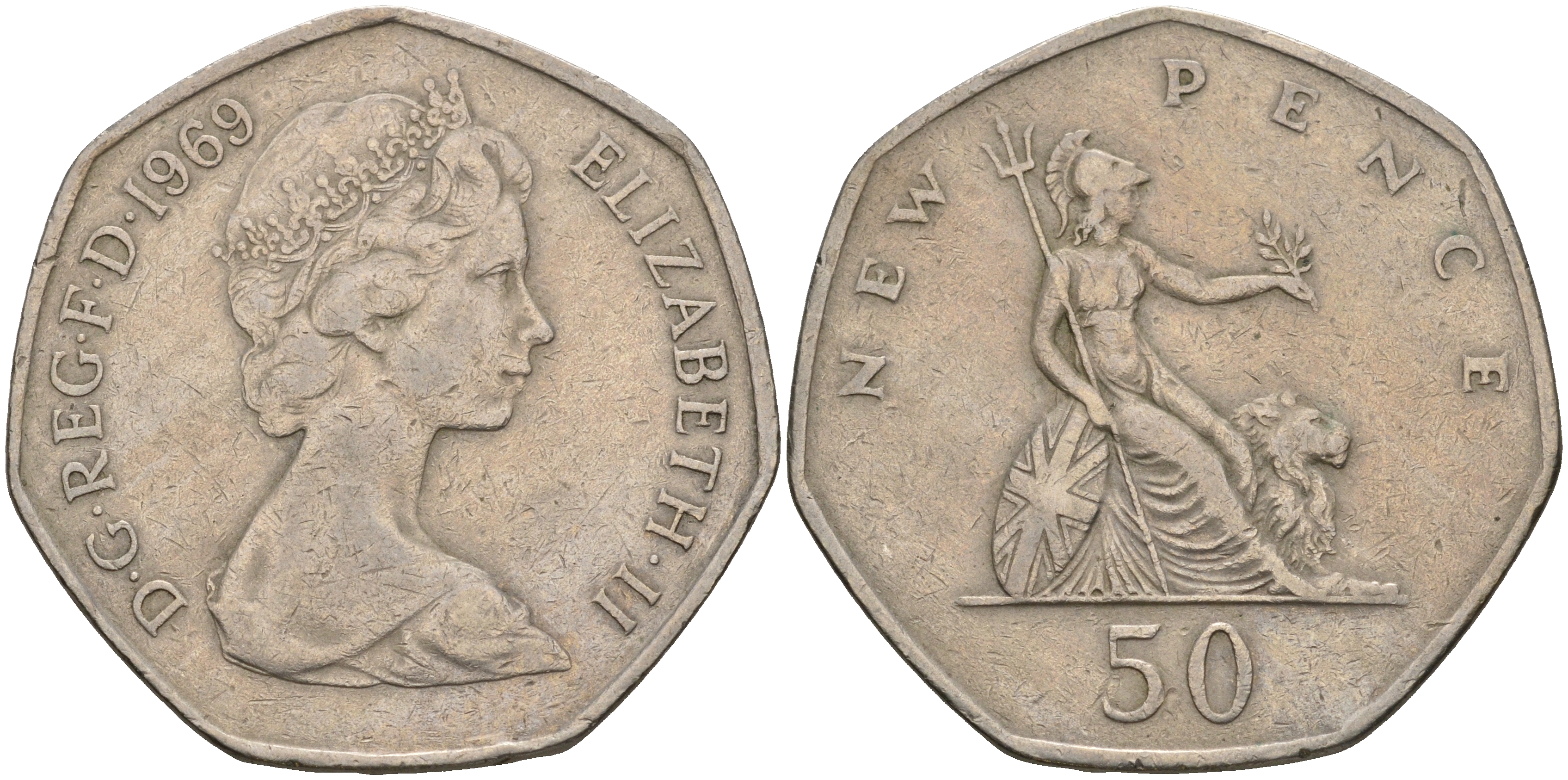 Великобритания 50 пенсов 1969 Елизавета II (1952-2022) KM 913, Spink 4223 (H1) медно-никель    59-224