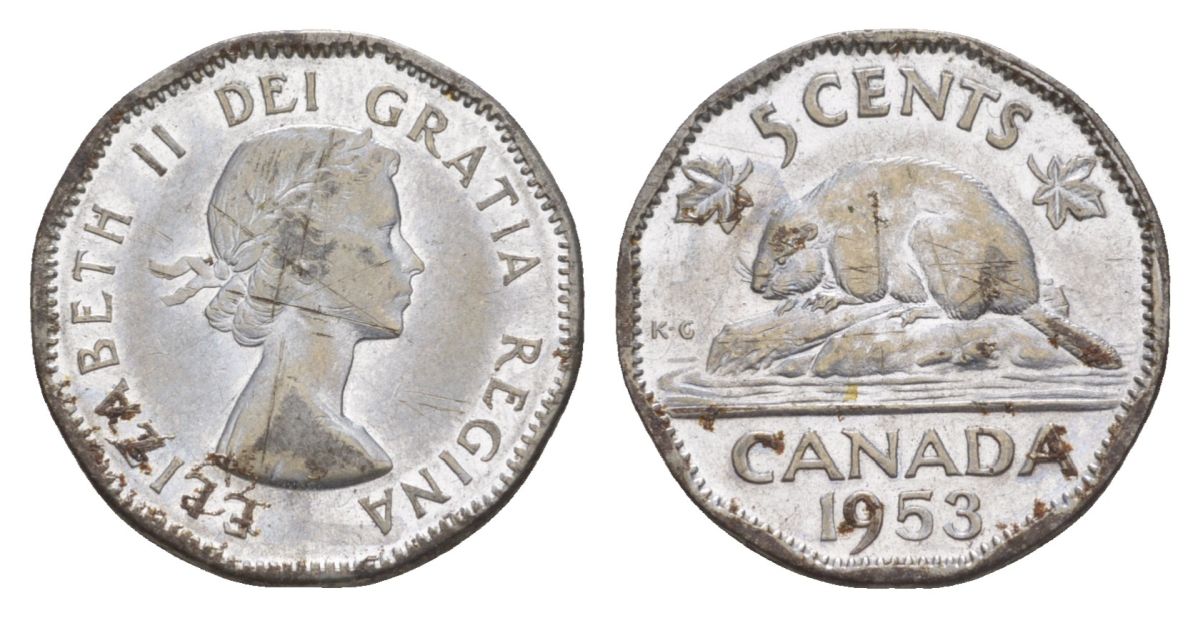 Канада 5 центов 1953 Елизавета II (1952-2022), бобр KM 50 хромированная сталь 4630-659