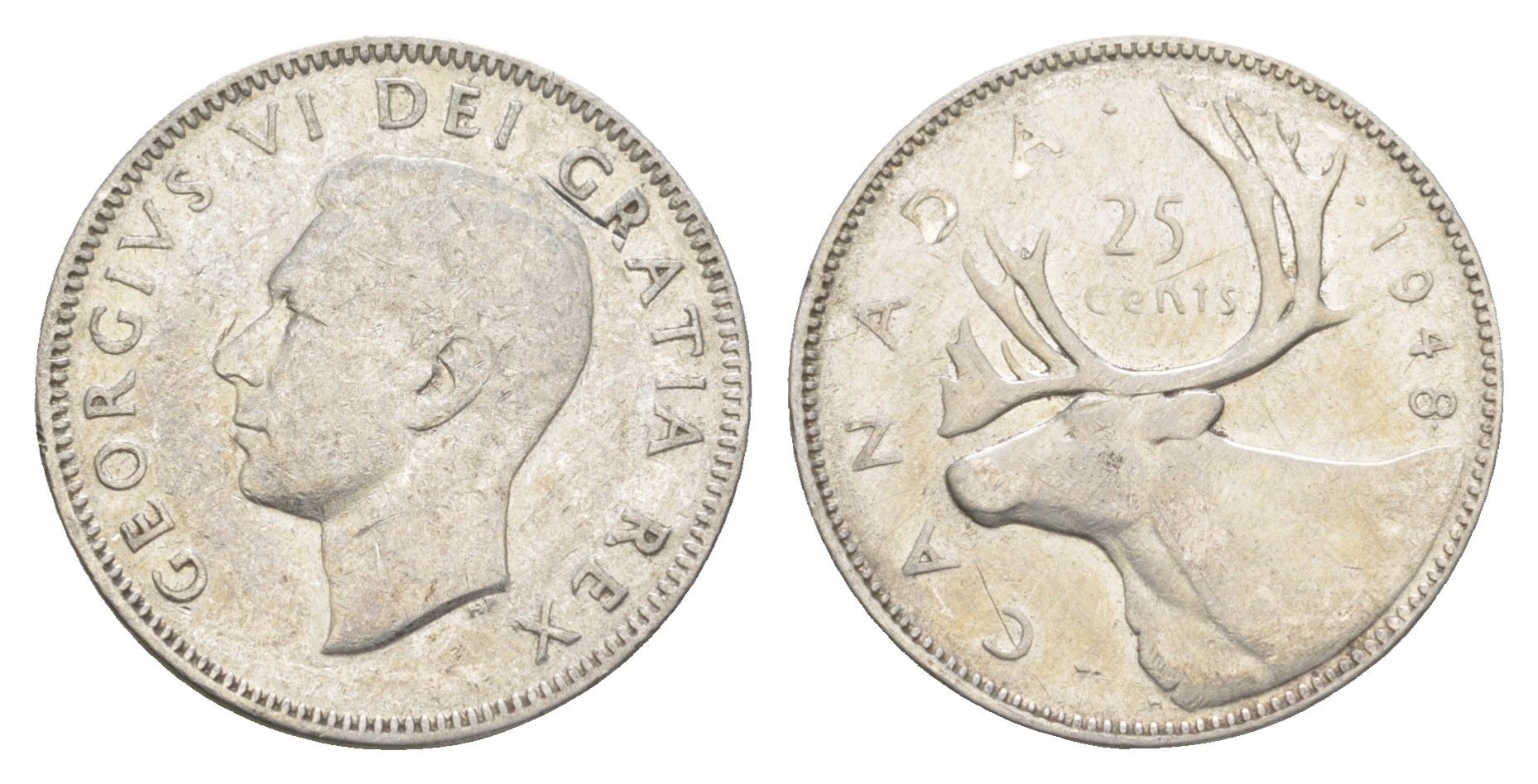 Канада 25 центов 1948 Георг VI (1936-1952), олень KM 44 серебро 4652-727