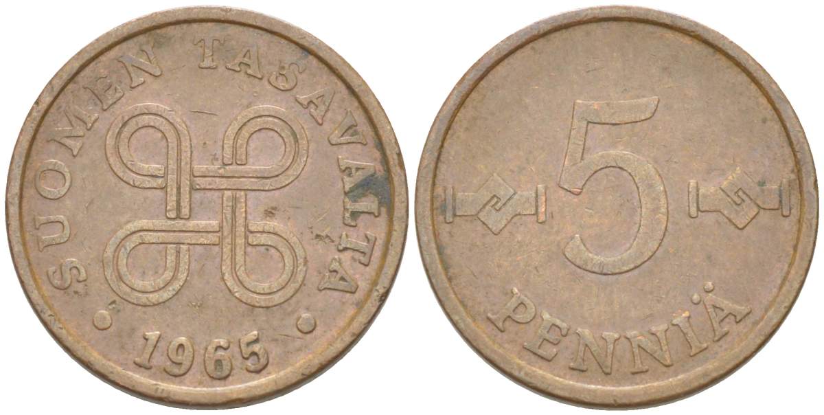 ФИНЛЯНДИЯ 5 ПЕННИ 1965 KM 45 медь 4516-1259