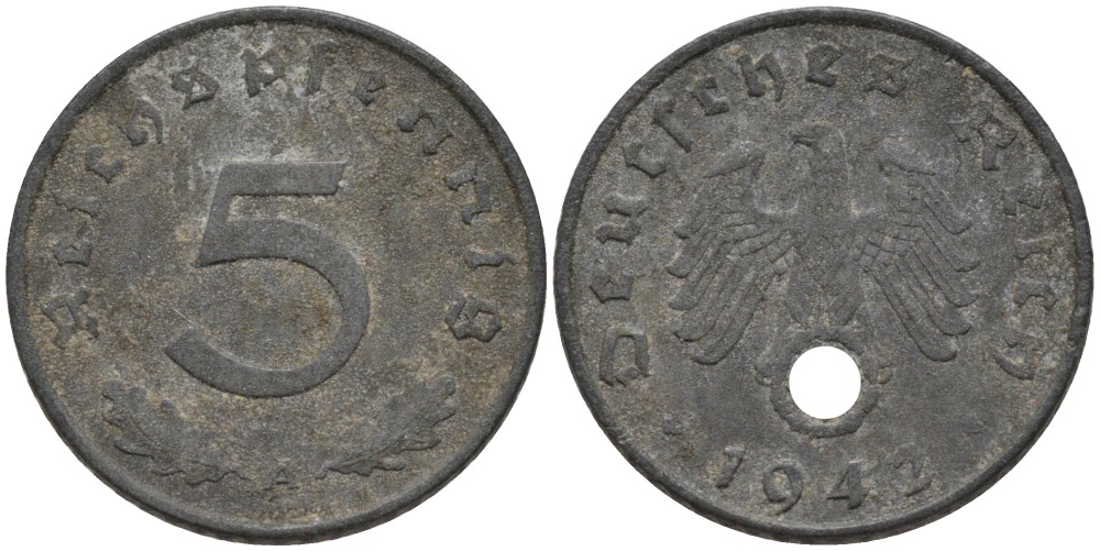 Германия 5 рейхспфеннигов 1942 A, монетный двор Берлин KM 100, J. 370 цинк 186-812