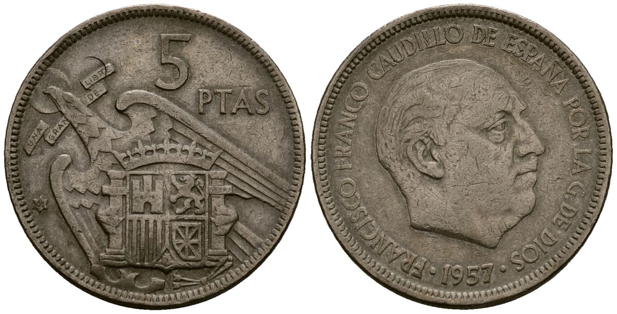 Испания 5 песет 1957 Франсиско Франко (1939-1975) KM 786 медно-никель 4176-443