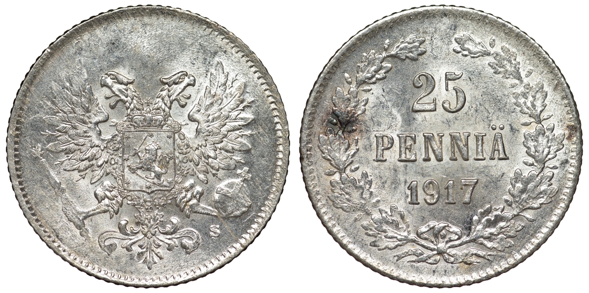 Россия для Финляндии 25 пенни 1917 S, временное правительство, без короны KM 19, Биткин 2 серебро аUNC 71-169