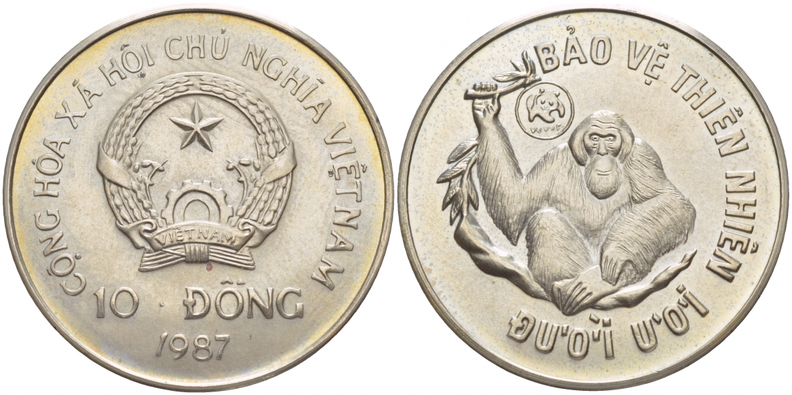 Вьетнам 10 донг 1987 орангутан KM 28 медно-никель UNC 4536-1215