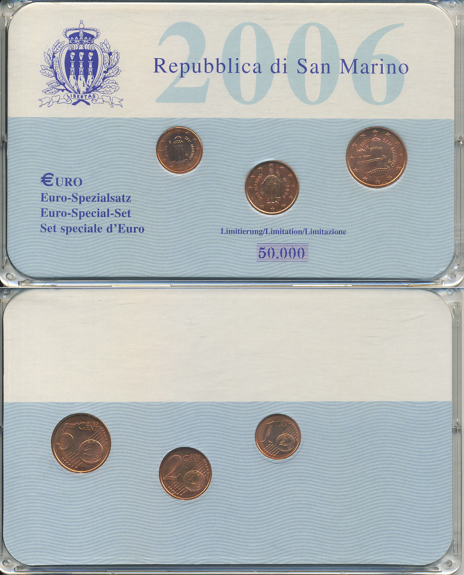 Сан-Марино набор из 3 монет 2006 1, 2, 5 евроцентов в пластике, тираж 50000 экз. UNC 1-4-2-25