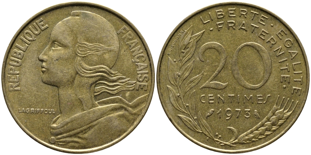 ФРАНЦИЯ 20 САНТИМОВ 1973 KM 930 медь алюминий никель 98-334