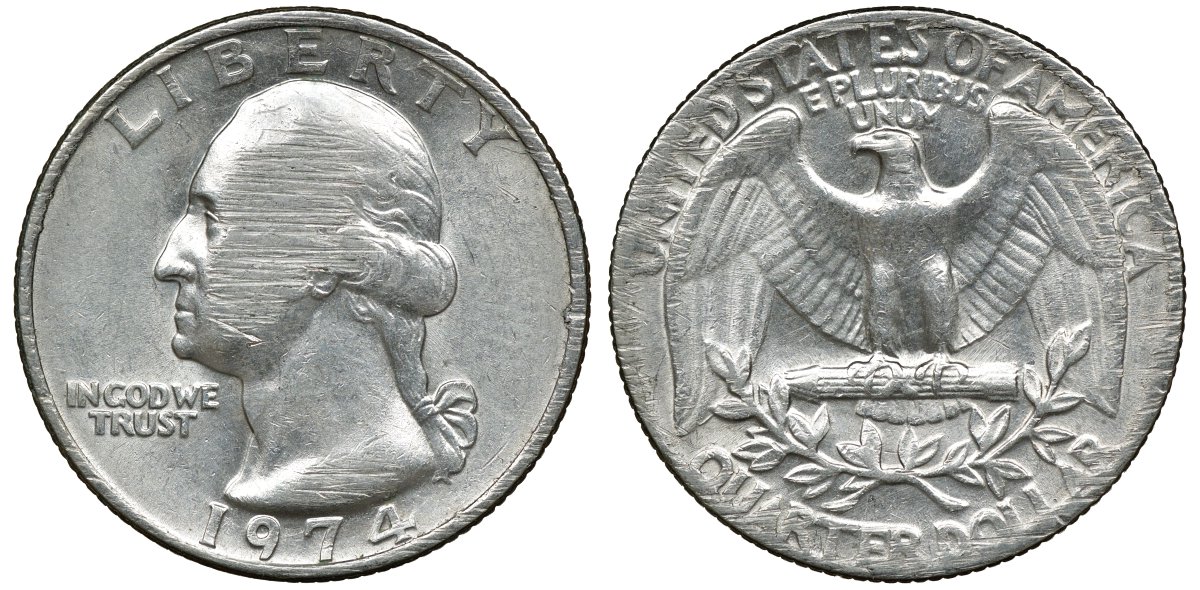 США 25 центов (квотер) 1974 Вашингтон KM 164a медь плакированная медно-никелем 72-537