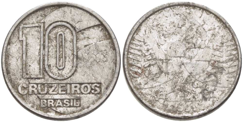 Бразилия 10 крузейро 1990 золотодобыча KM 619.1 нержавеющая сталь 4178-522
