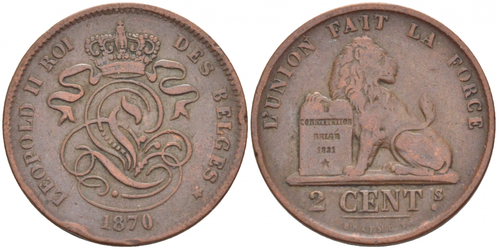 БЕЛЬГИЯ 2 САНТИМА 1870 BELGES KM 35.1 медь 110-145