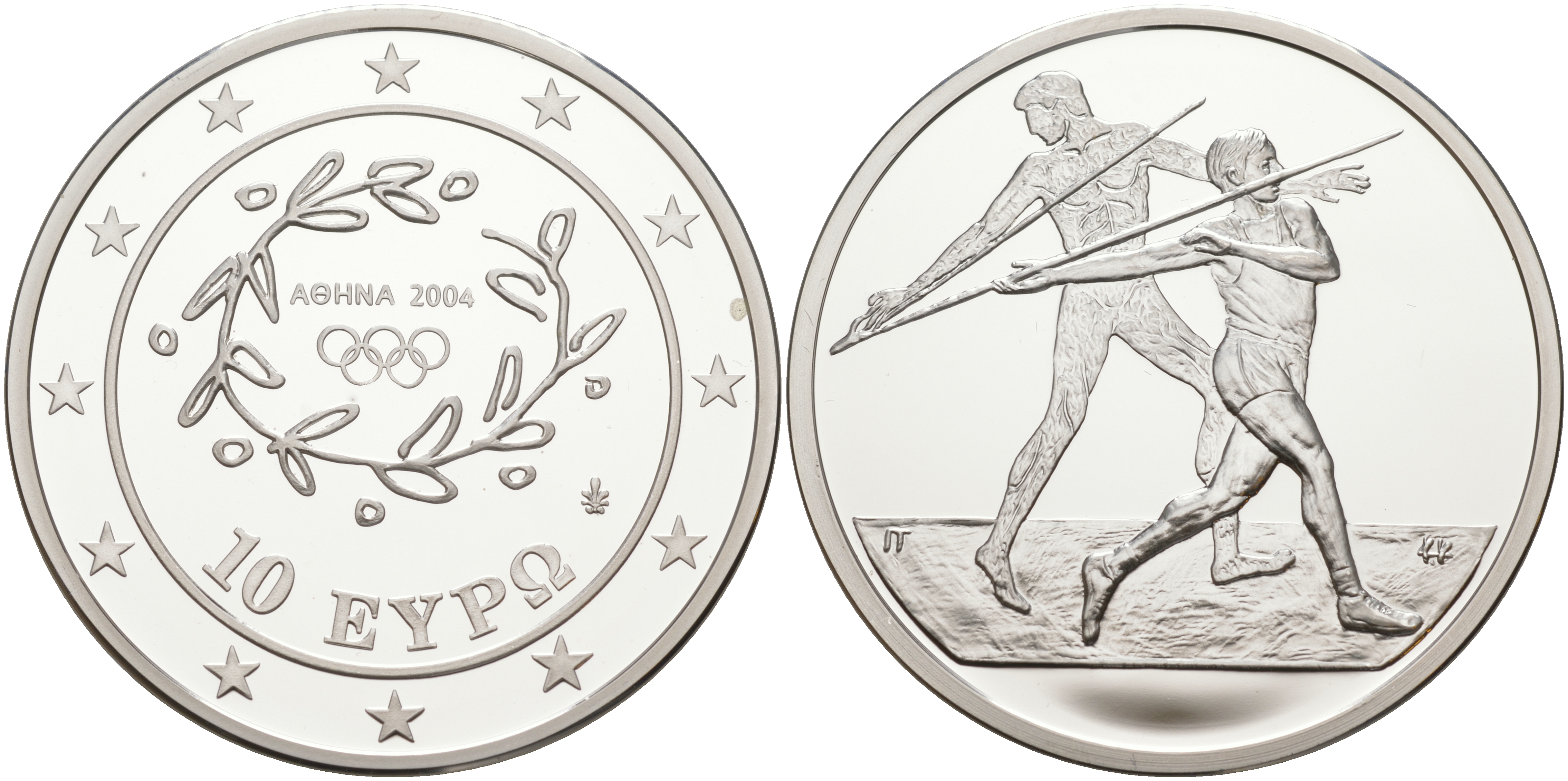 Греция 10 евро 2003 XXVIII летние Олимпийские игры 2004 года в Афинах, метание копья KM 193 серебро PROOF 1074-9-42