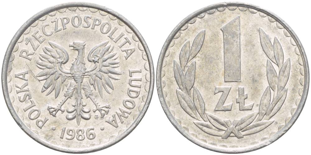 ПОЛЬША 1 ЗЛОТЫЙ 1986 MW KM 49.2 алюминий 4544-555