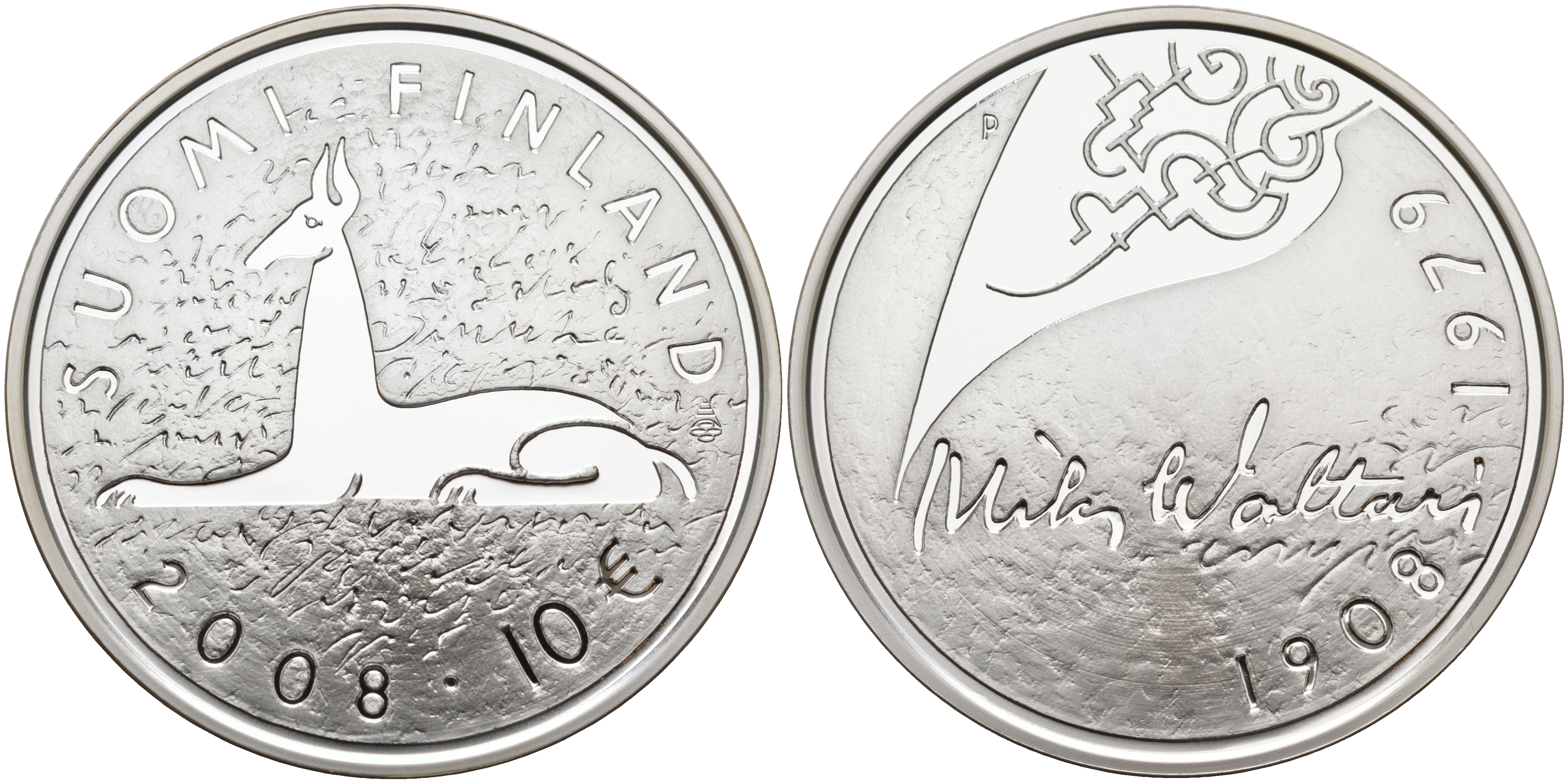 Финляндия 10 евро 2008 Мика Валтари, писатель KM 142 серебро  PROOF 11-114-22