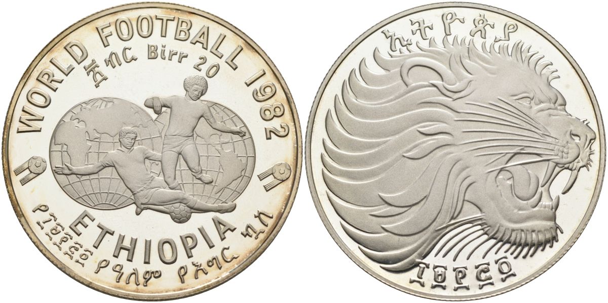 Эфиопия 20 быров 1982 чемпионат мира по футболу в Испании 1982 года KM 65 серебро PROOF 11-155-32