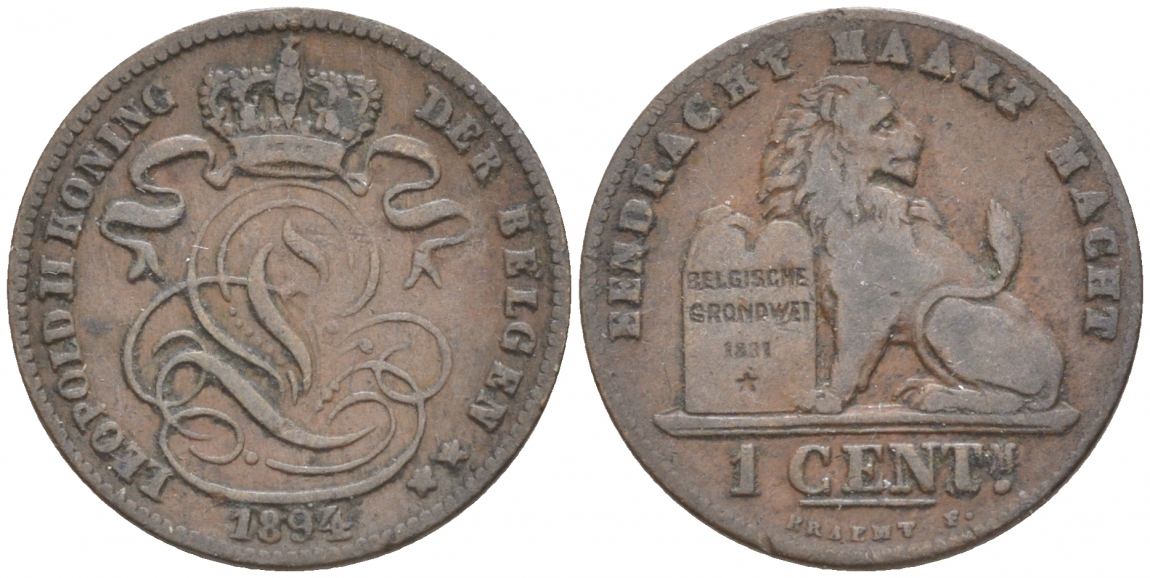 БЕЛЬГИЯ 1 САНТИМ 1894 BELGEN KM 34.1 медь 4549-959