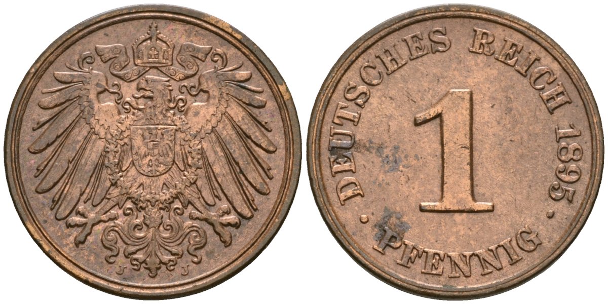 Германия 1 пфенниг 1895 J, Вильгельм II (1888-1918) KM 10, J. 10 медь 4608-624