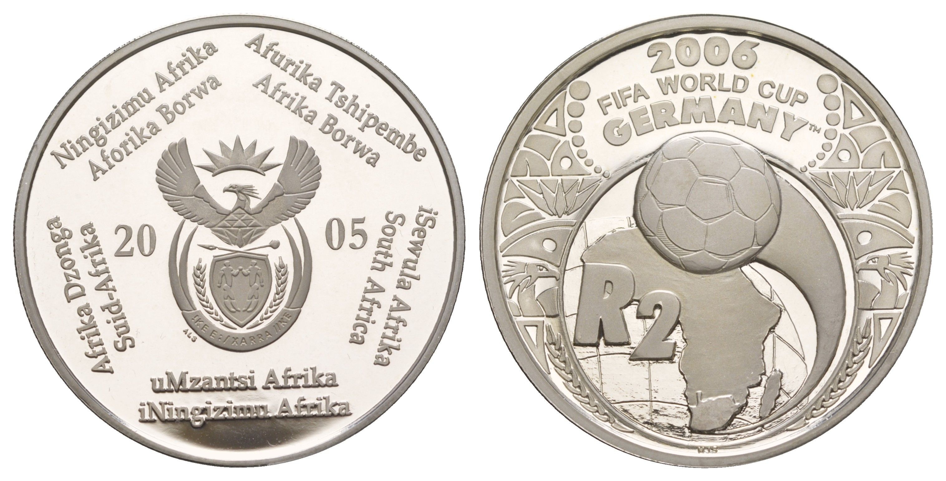 ЮАР 2 ранда 2005 Чемпионат мира по футболу 2006 KM 373 серебро PROOF 11-268-25