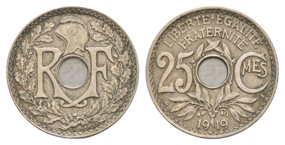 Франция 25 сантимов 1919 KM 867a, Le Franc 171.7 медно-никель 51-2735