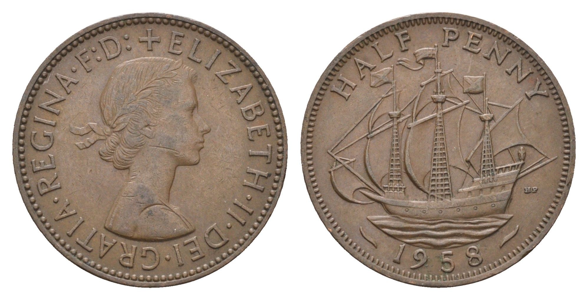 Великобритания 1/2 пенни 1958 Елизавета II (1952-2022) KM 896, Spink 4158 бронза 4662-1144