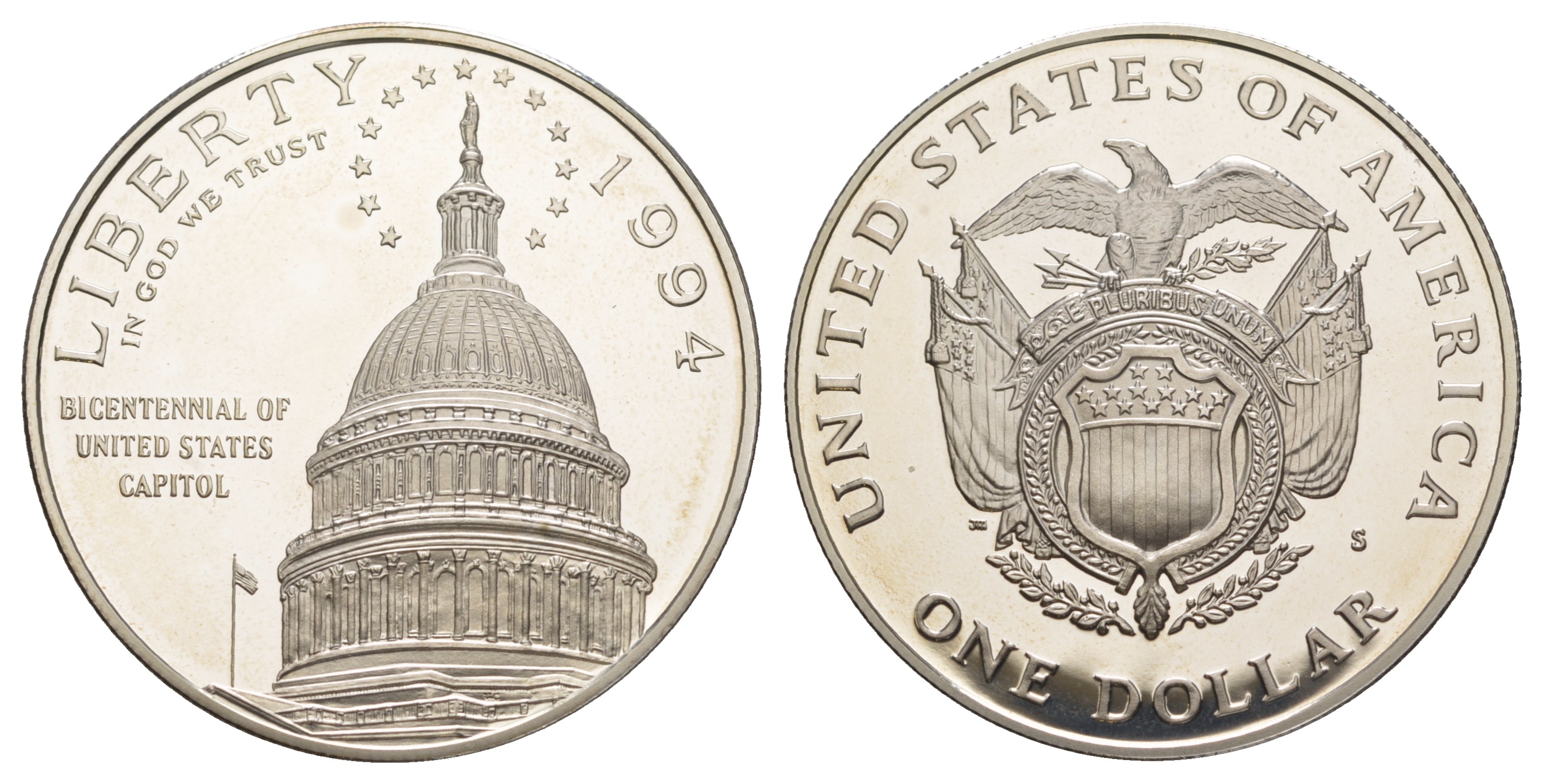 США 1 доллар 1994 S, 200 лет Капитолию, оригинальная коробка, сертификат, KM 253 серебро PROOF 3-6-5-07