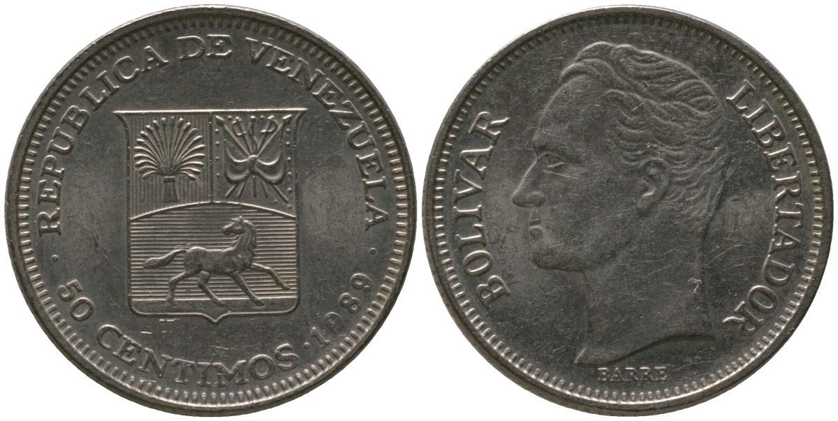 Венесуэла 50 сентимо 1989 KM 41a сталь плакированная никелем 4576-918