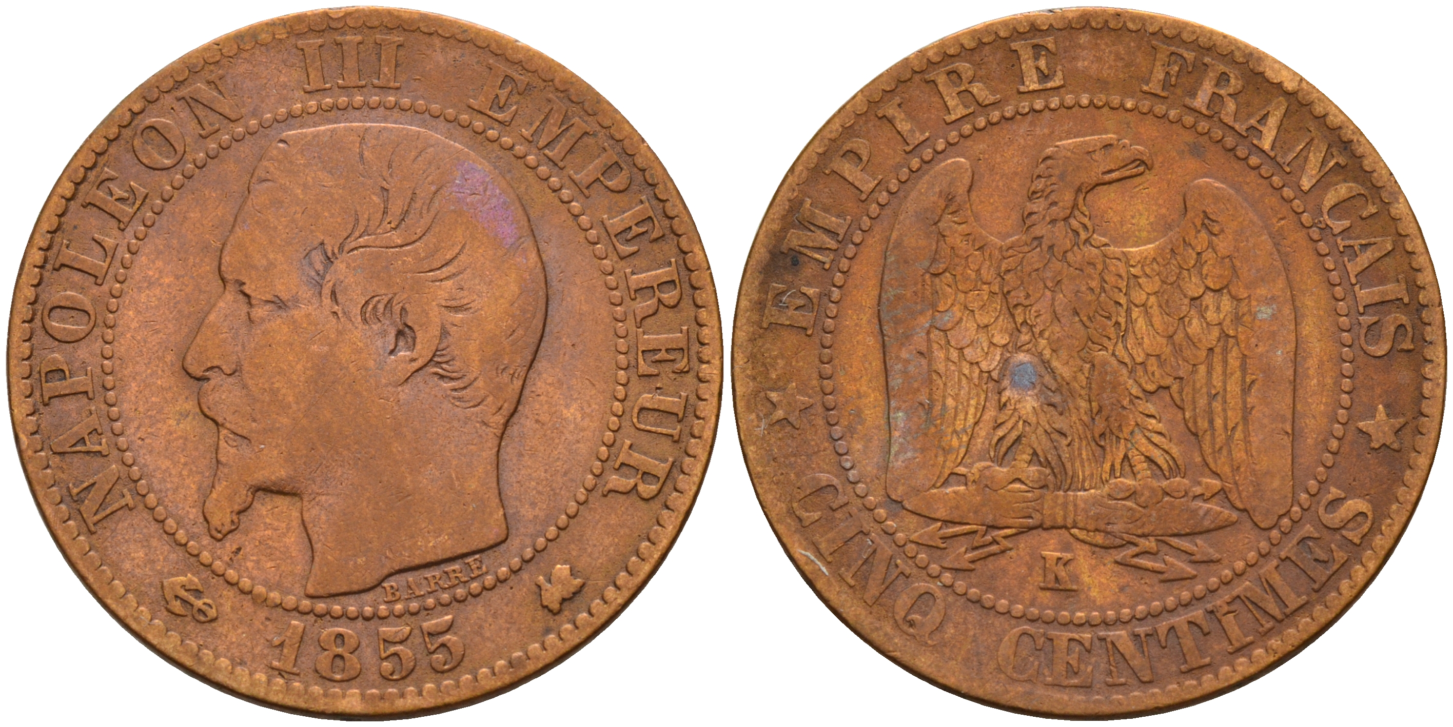 Франция 5 сантимов 1855 K, Наполеон III (1852-1870) KM 777.5, LE FRANC 116.25 бронза 4116-436