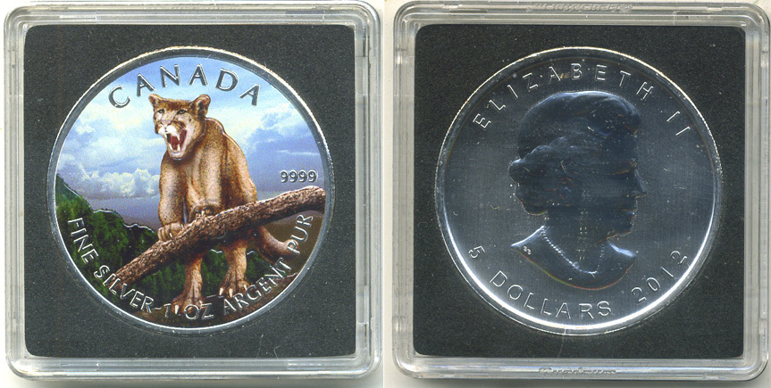 Канада 5 долларов 2012 серия Животный мир Канады, пума, в оригинальной коробке с сертификатом тираж 5000 экз., цветная эмаль серебро UNC 5-5-1-11