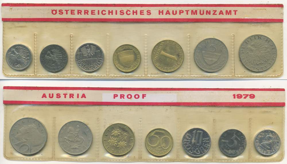 Австрия набор из 7 монет  1979  2, 5, 10, 50 грошей, 1, 5, 10 шиллингов, в целлофане KM PS 39 PROOF 4400-2-3