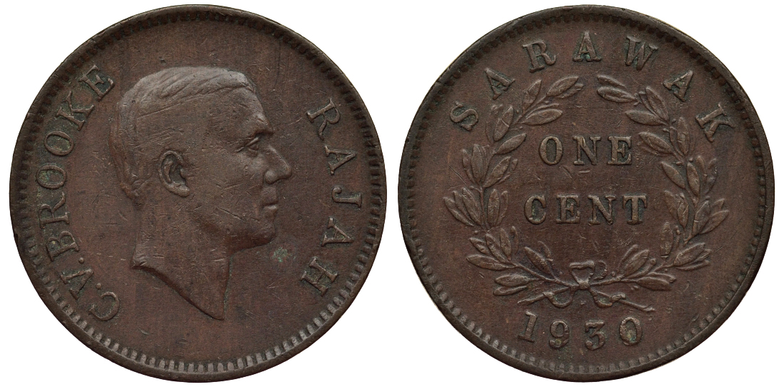 Саравак 1 цент 1930 H, Третий Раджа Чарльз Вайнер Брук, Королевство Саравак (1846 - 1946) KM 18 бронза 4044-421