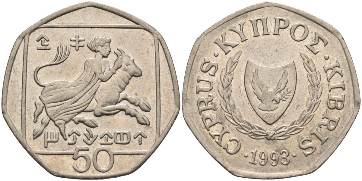 Кипр 50 центов 1993 похищение Европы KM 66 медно-никель 4141-1231