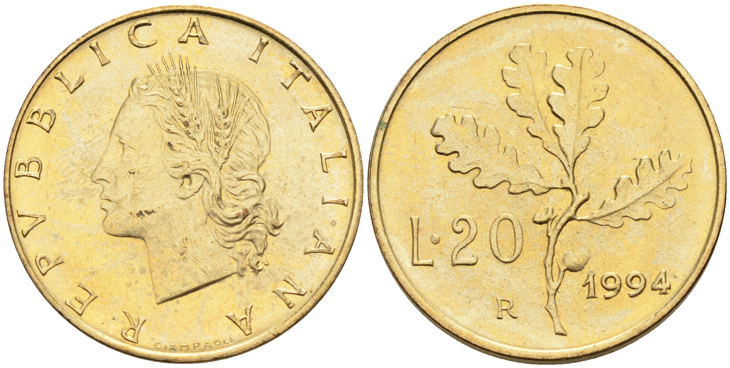 Италия 20 лир 1994 R, дубовый лист KM 97.2 алюминиевая бронза  UNC  4594-923