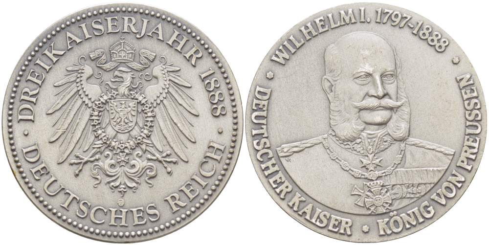 ГЕРМАНИЯ МЕДАЛЬ ND ВИЛЬГЕЛЬМ I (КОРОЛЬ ПРУССИИ), ПЕРВЫЙ ГЕРМАНСКИЙ ИМПЕРАТОР (1797-1888), 1888 ГОД ТРЁХ ИМПЕРАТОРОВ, ДИАМЕТР 32 ММ. белый металл 4527-621