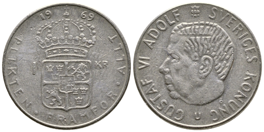 Швеция 1 крона 1969 Густав VI Адольф (1950-1973) KM 826a медь плакированная медно-никелем 91-222