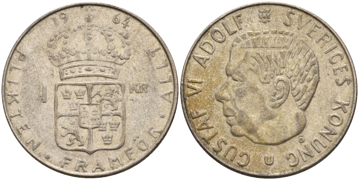 Швеция 1 крона 1964 U, Густав VI Адольф (1950-1973) KM 826 серебро 4150-143
