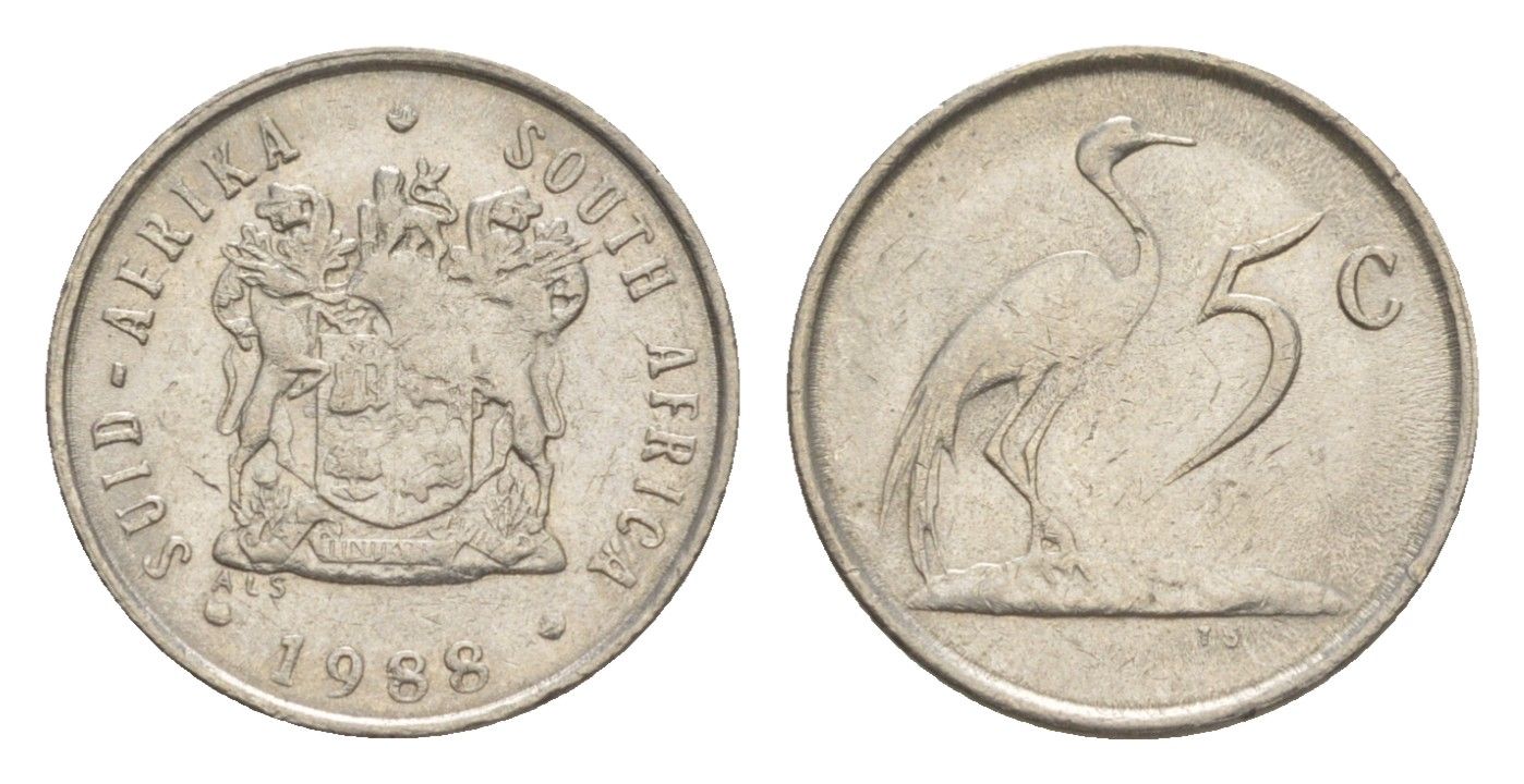 ЮАР 5 центов 1988 герб, райский журавль KM 84 никель 4621-313
