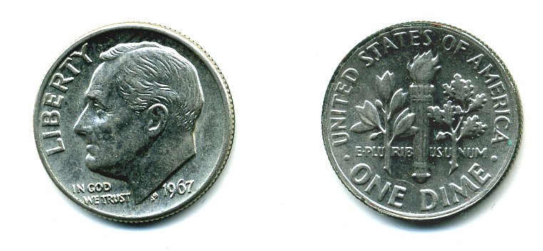 США 10 центов (дайм) 1967 Рузвельт KM 195a медь плакированная медно-никелем 76-239