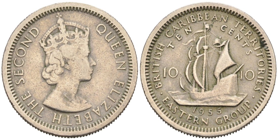 Британские Восточно-Карибские территории 10 центов 1955 Елизавета II (1952-2022), парусник KM 5 медно-никель 4564-568