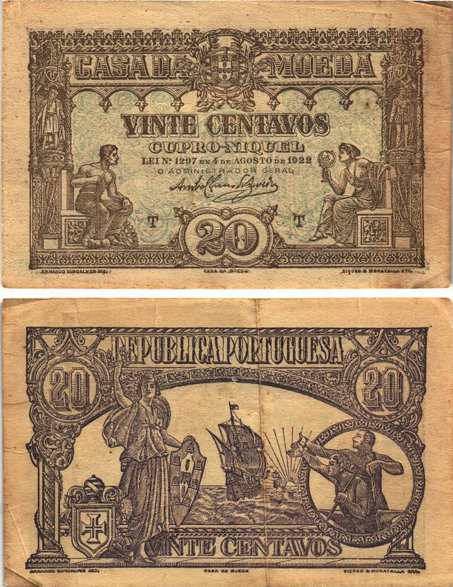 ПОРТУГАЛИЯ 20 СЕНТАВО 1922 4 АВГУСТА 1922 Pick 100 бумага VF 8606-29-3-2